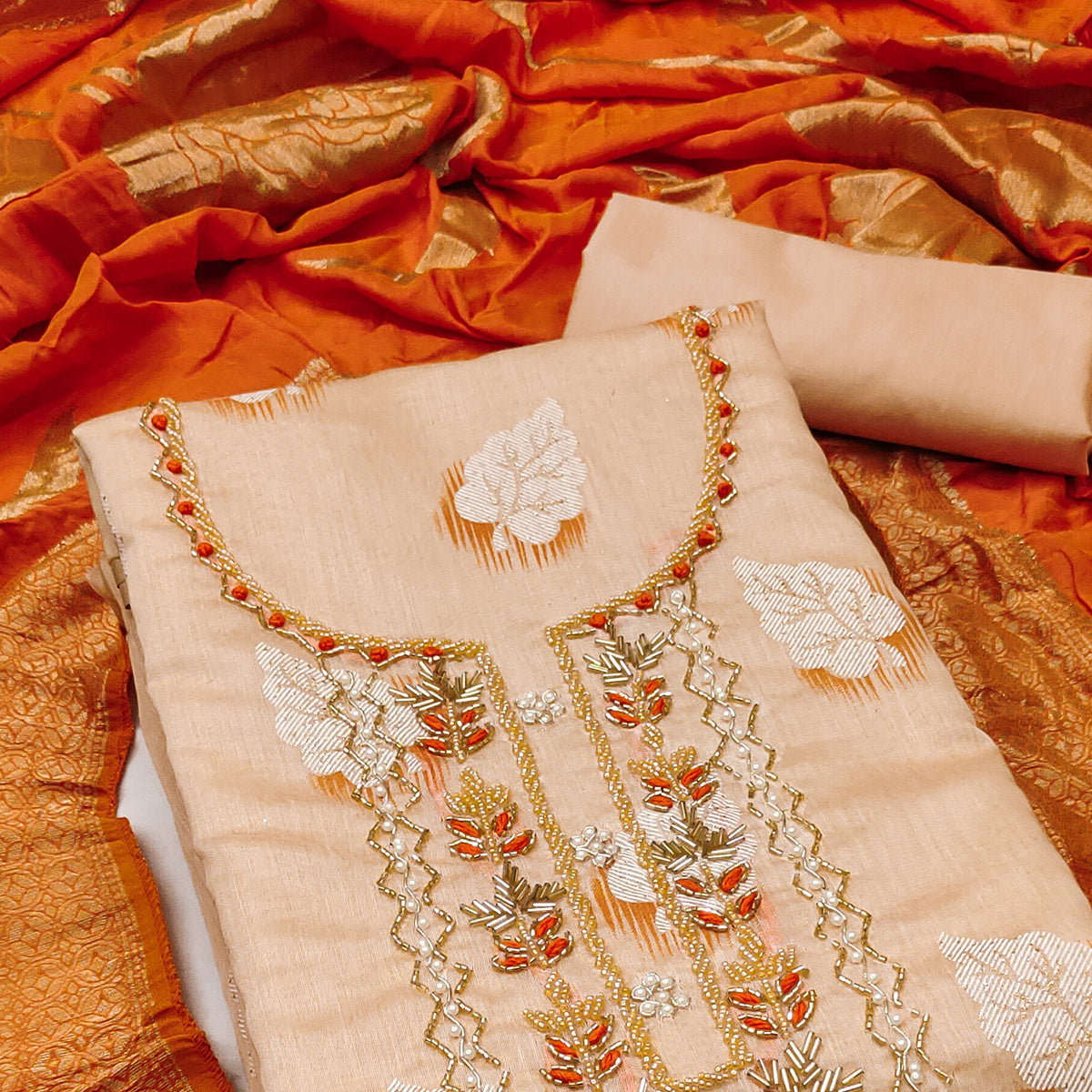 Light Peach Printed With Hand Embroidery Chanderi Dress Material