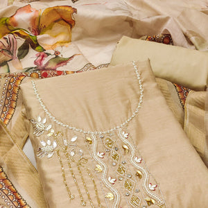 Chikoo Floral Hand Embroidery Chanderi Dress Material
