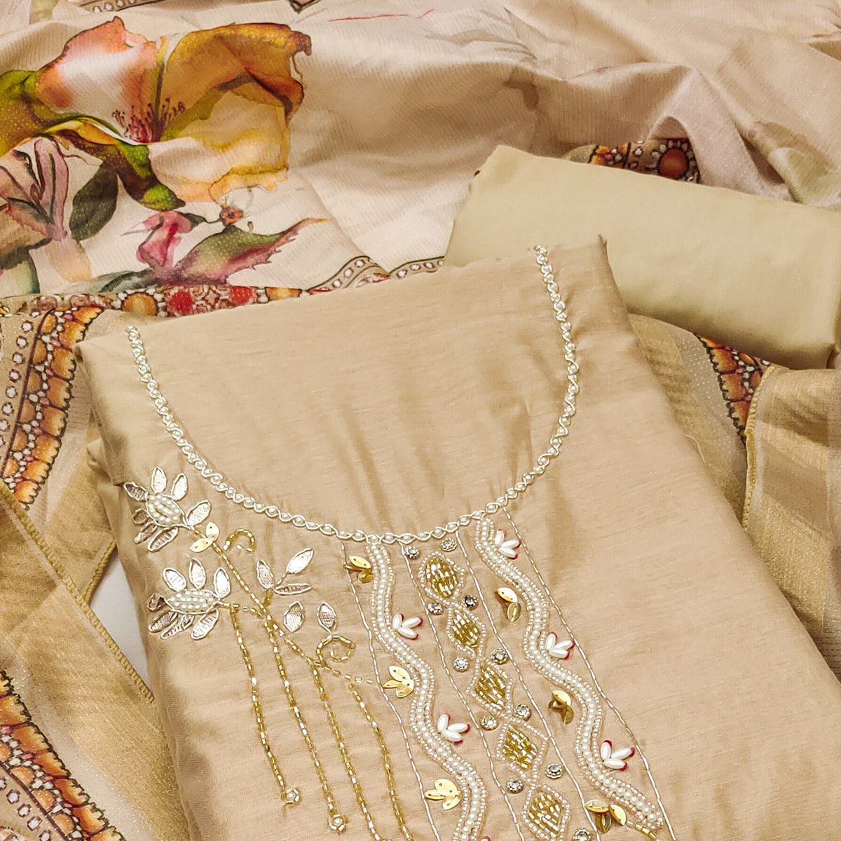 Chikoo Floral Hand Embroidery Chanderi Dress Material