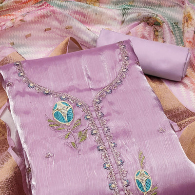 Light Purple Floral Embroidered Organza Silk Dress Material