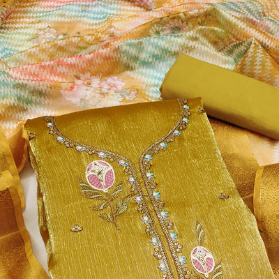 Mehendi Green Floral Embroidered Organza Silk Dress Material