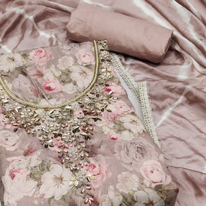 Dusty Peach Floral Digital Printed With Hand Embroidery Muslin Dress Material