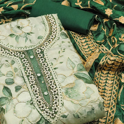 Bottle Green Floral Digital Printed With Hand Embroidery Viscose Dress Material