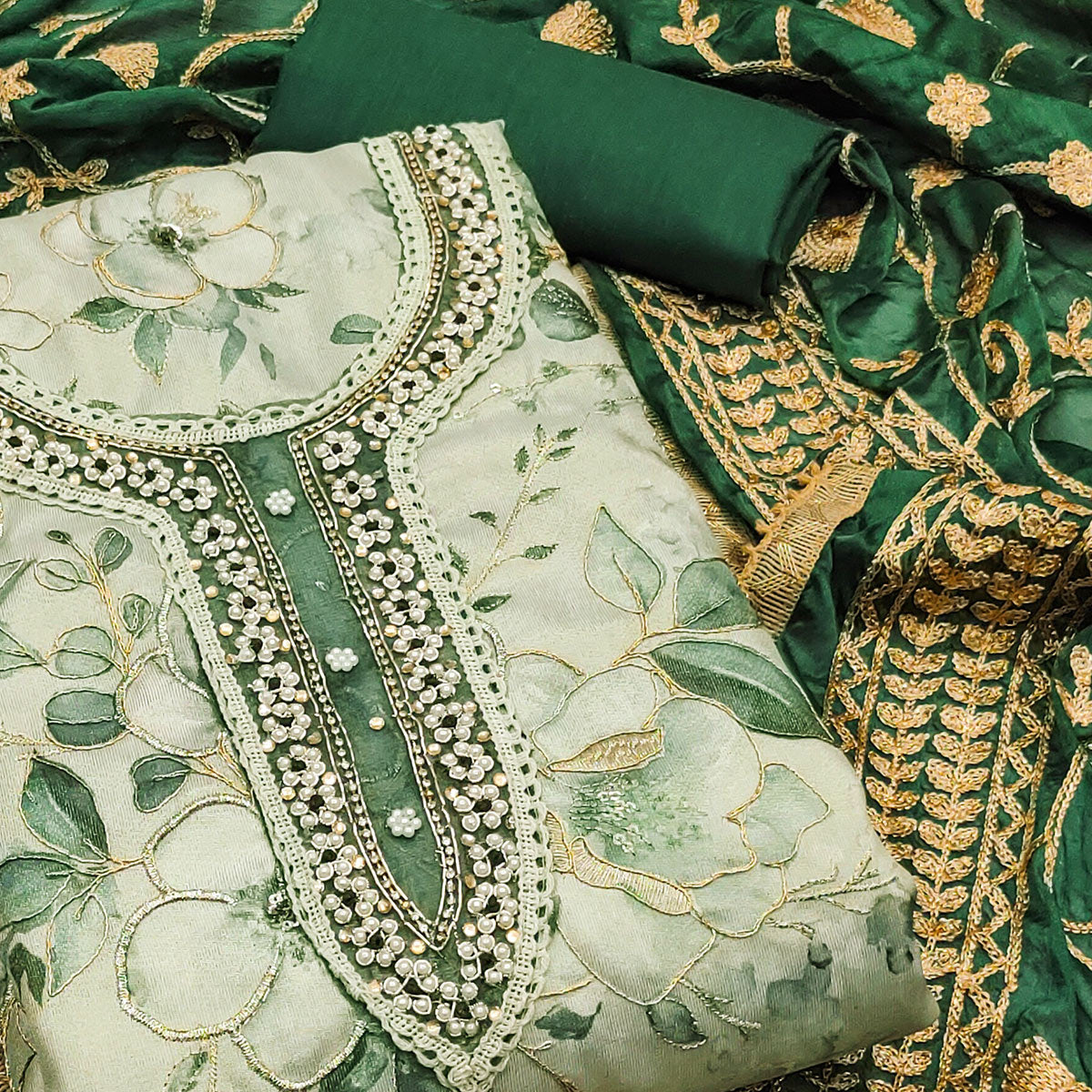 Bottle Green Floral Digital Printed With Hand Embroidery Viscose Dress Material