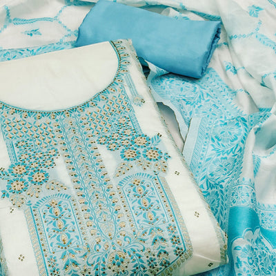 Blue Woven With Stone Work Muslin Dress Material