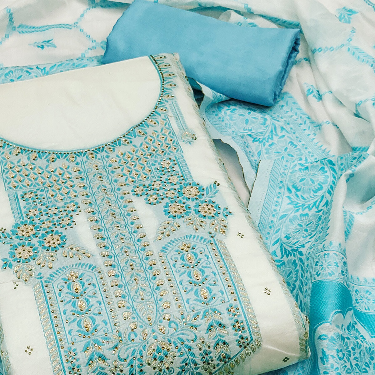 Blue Woven With Stone Work Muslin Dress Material