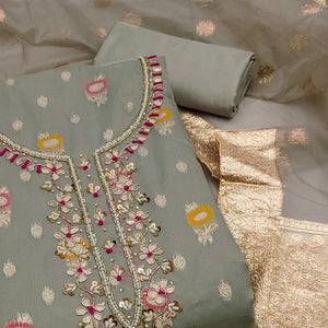 Grey Woven With Handwork Organza Dress Material