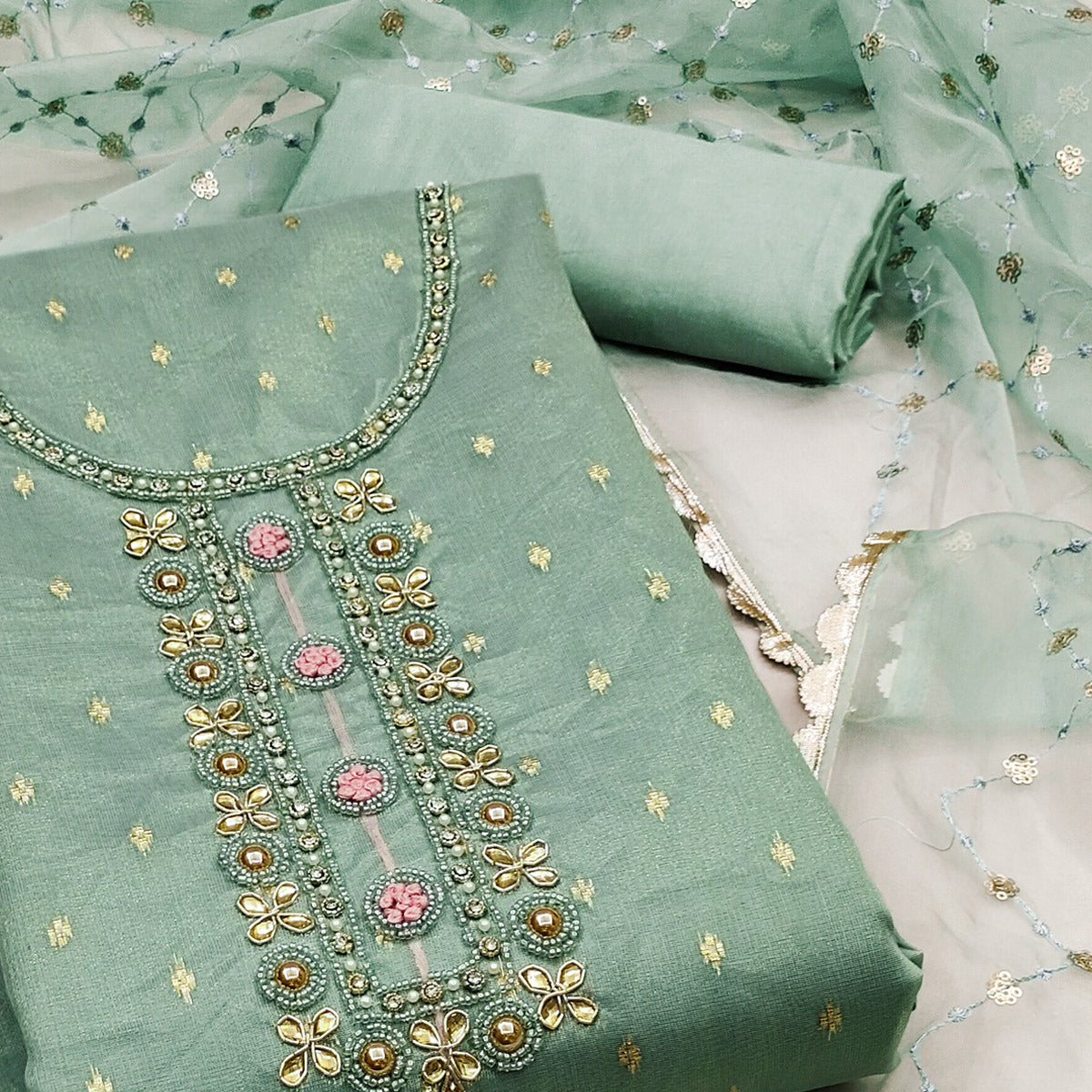 green-woven-with-handwork-organza-dress-material-3