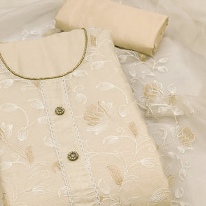 Cream Floral Embroidered Chanderi Silk Dress Material