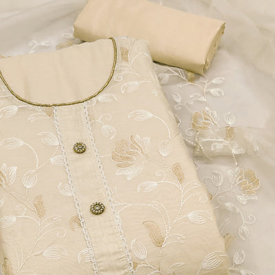 Cream Floral Embroidered Chanderi Silk Dress Material