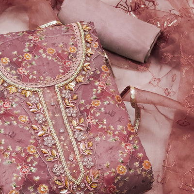 Mauve Floral Sequins Embroidery With Handwork Organza Dress Material