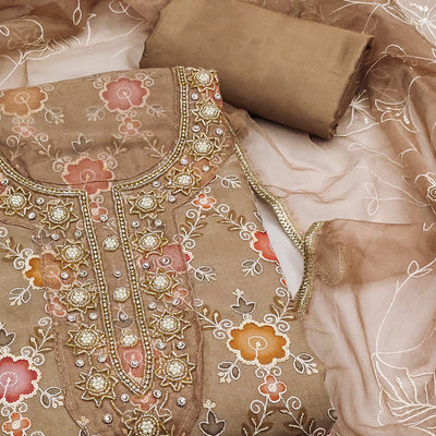 Brown Digital Printed With Hand Embroidered Organza Dress Material