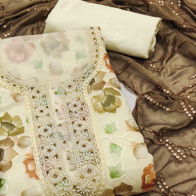 Light Yellow Hand Embroidery With Digital Printed Organza Dress Material