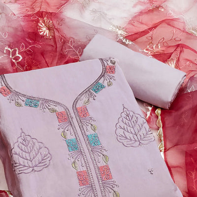 Light Purple Sequins Embroidered Cotton Silk Dress Material