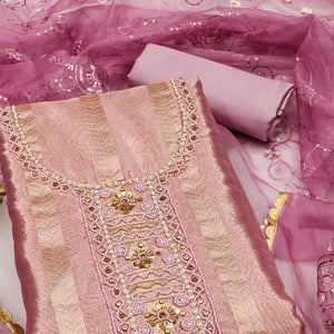 Mauve Sequins Hand Embroidery Organza Dress Material