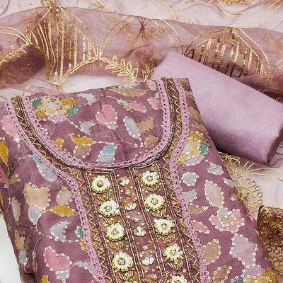 Mauve Floral Sequins Embroidery Organza Dress Material