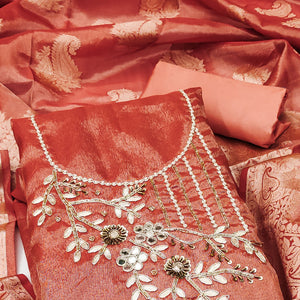 Dark Peach Floral Moti With Gota Patti Handwork Viscose Dress Material