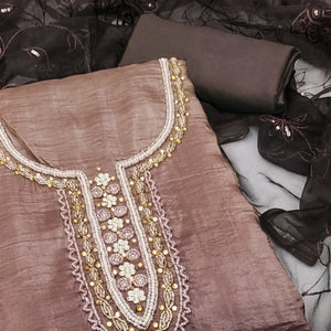 Brown Floral Handwork Viscose Dress Material