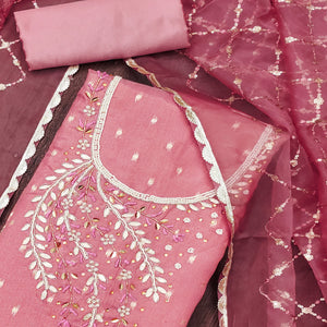 Gajari Pink Woven With Handwork Shimmer Banarasi Silk Material Material