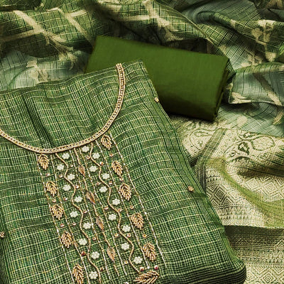 green-floral-handwork-with-woven-viscose-dress-material