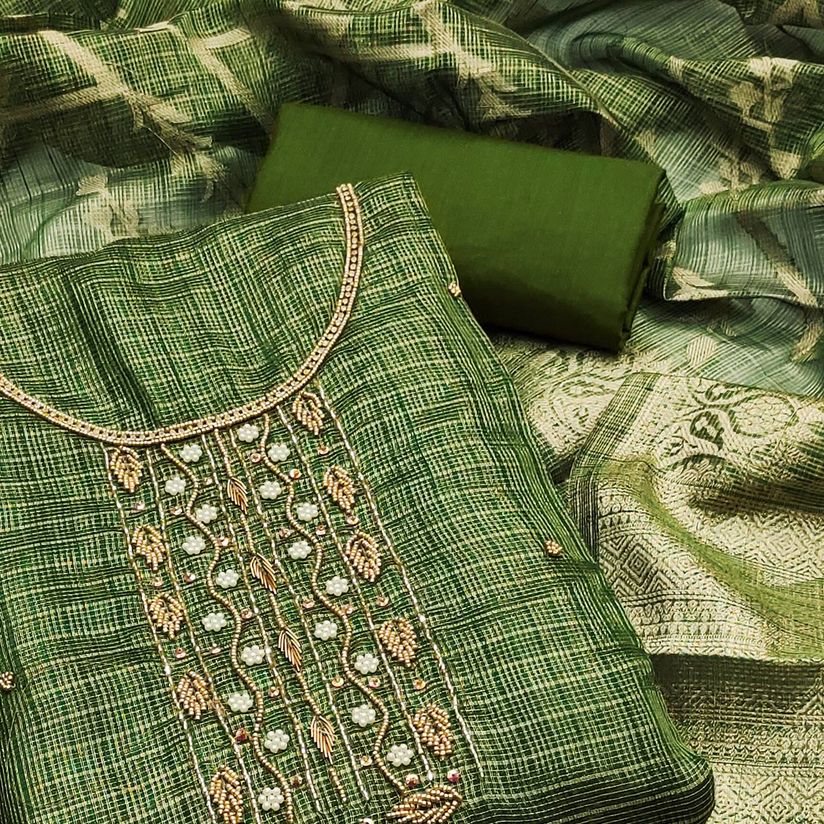 green-floral-handwork-with-woven-viscose-dress-material