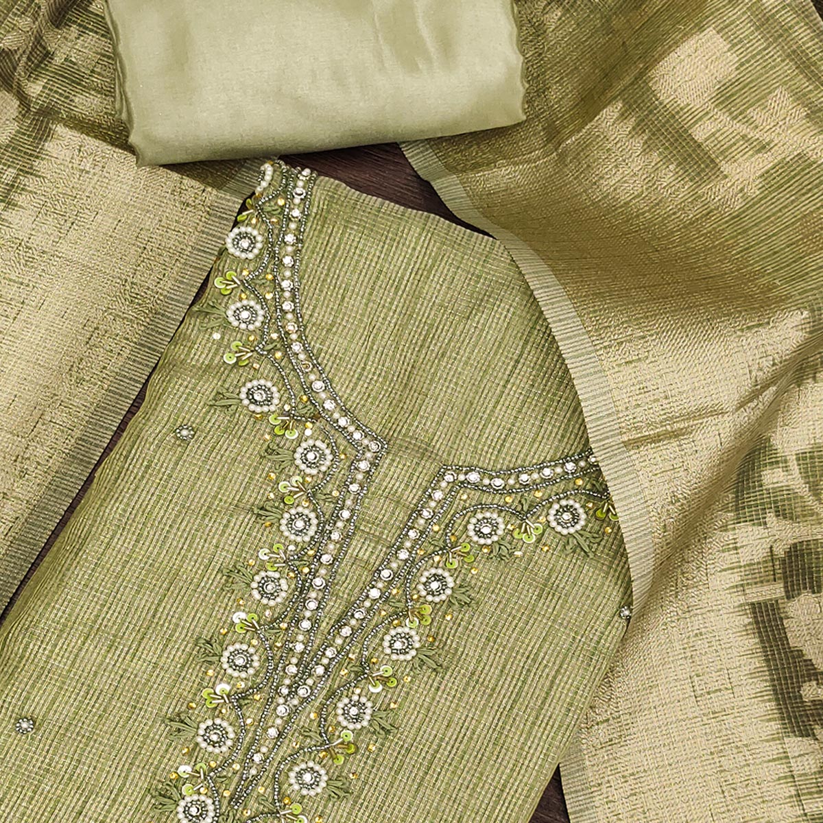 green-woven-with-moti-handwork-viscose-dress-material