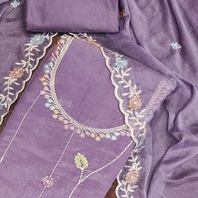 Lavender Floral Sequins Embroidered Viscose Golden Crush Dress Material