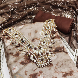 Brown Digital Printed With Handwork Organza Dress Material