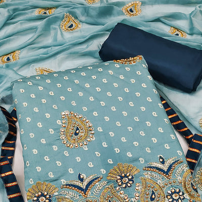 Blue Zari Embroidery With Handwork Roman Cotton Silk Dress Material