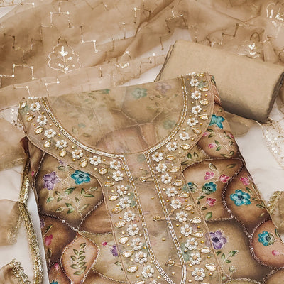 Light Brown Floral Sequins Embroidery With Handwork Organza Dress Material