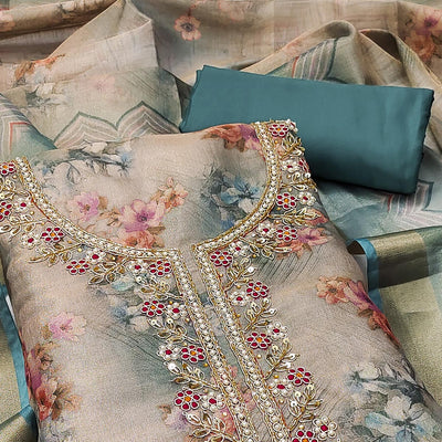 Morpich Floral Digital Printed With Handwork Viscose Dress Material