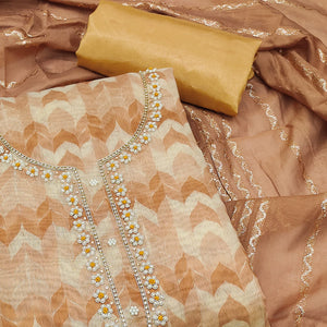 Brown Printed With Handwork Chanderi Silk Dress Material