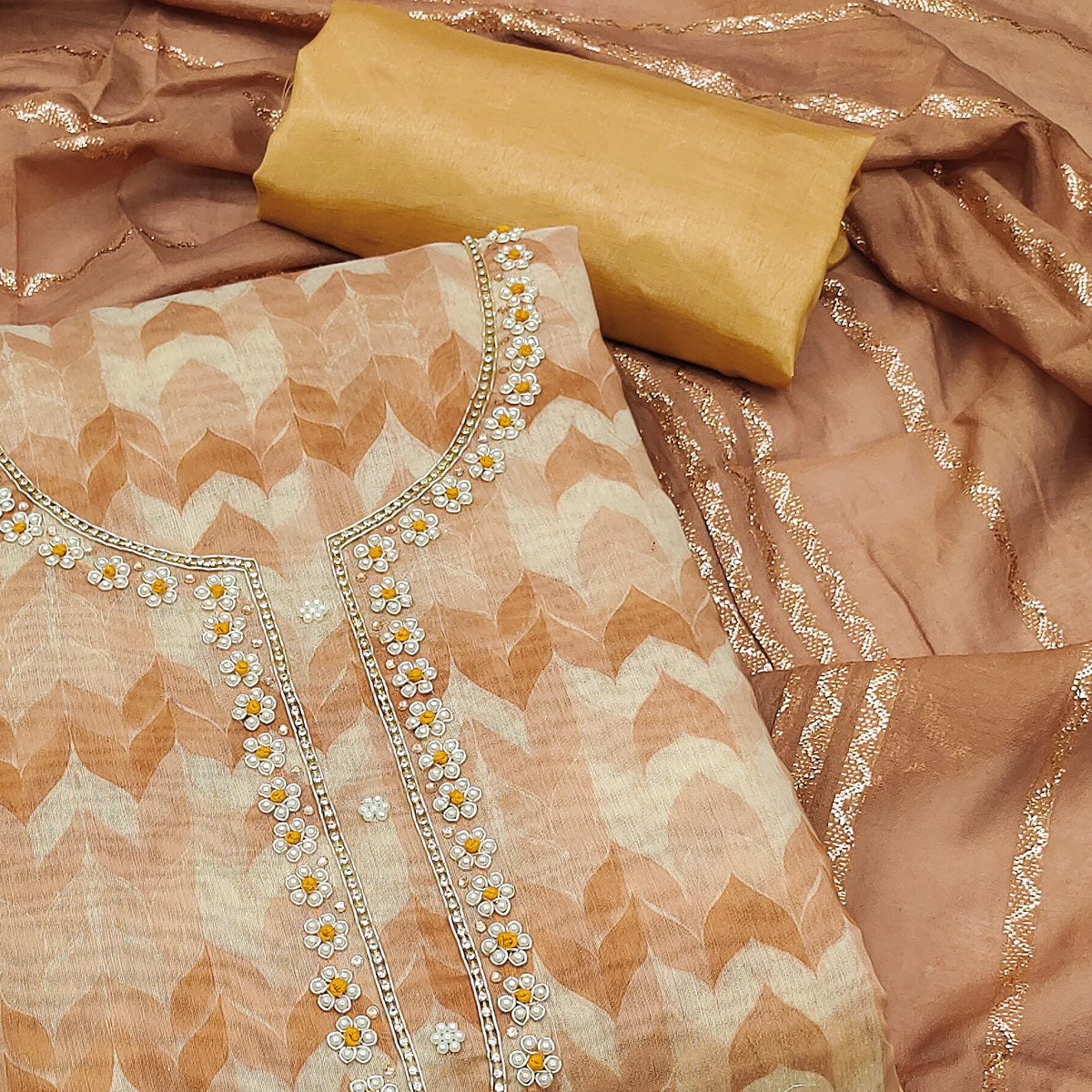 Brown Printed With Handwork Chanderi Silk Dress Material