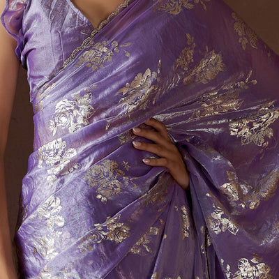 Lavender Floral Foil Printed Satin Silk Saree With Zarkan Border