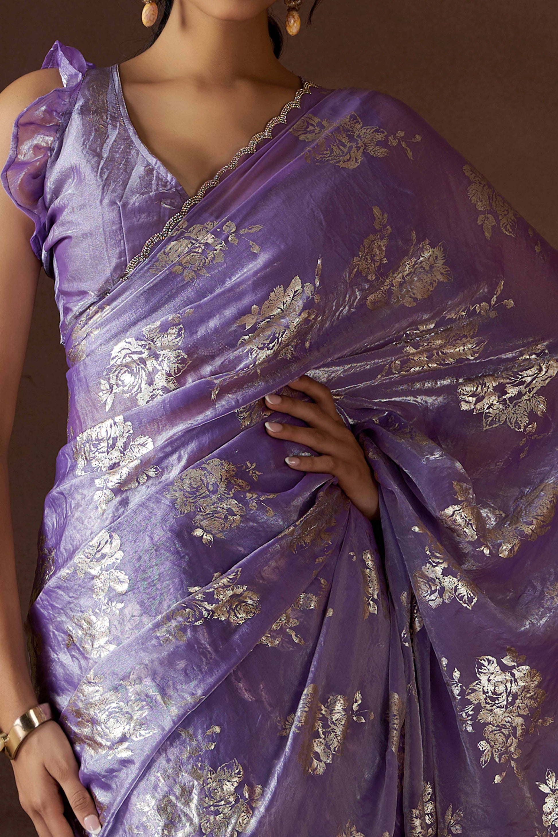 Lavender Floral Foil Printed Satin Silk Saree With Zarkan Border