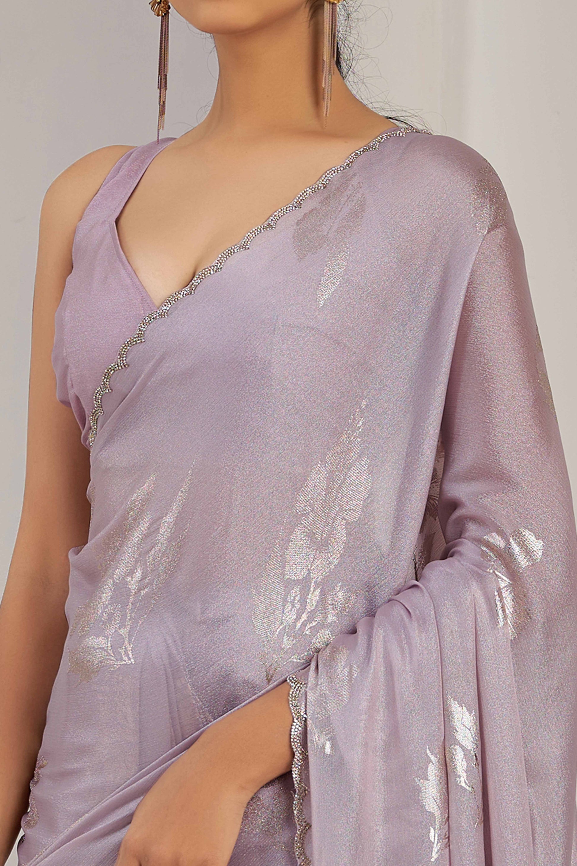 Lavender Floral Printed Stone Work Satin Saree
