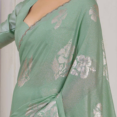 green-floral-printed-stone-work-satin-saree