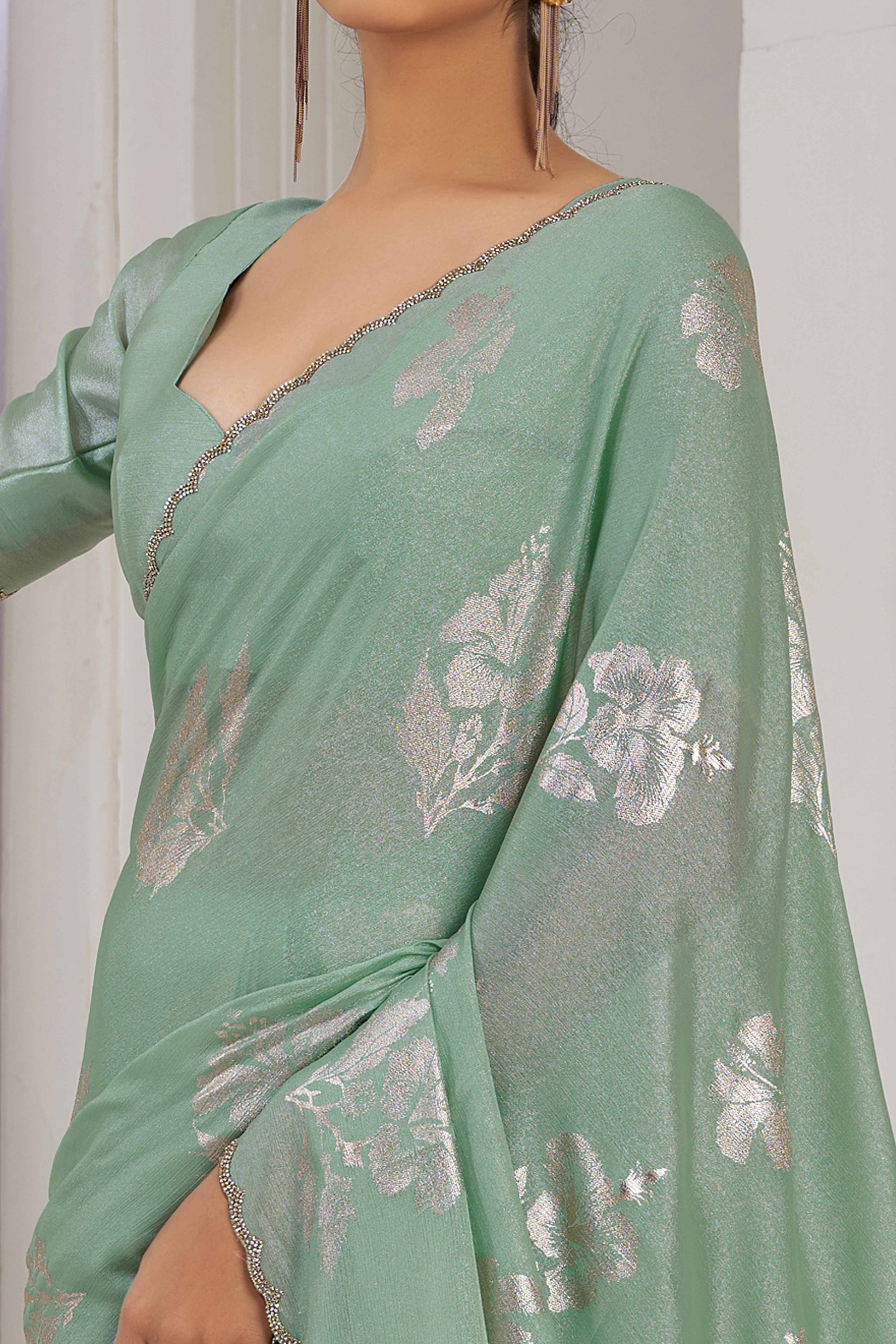green-floral-printed-stone-work-satin-saree