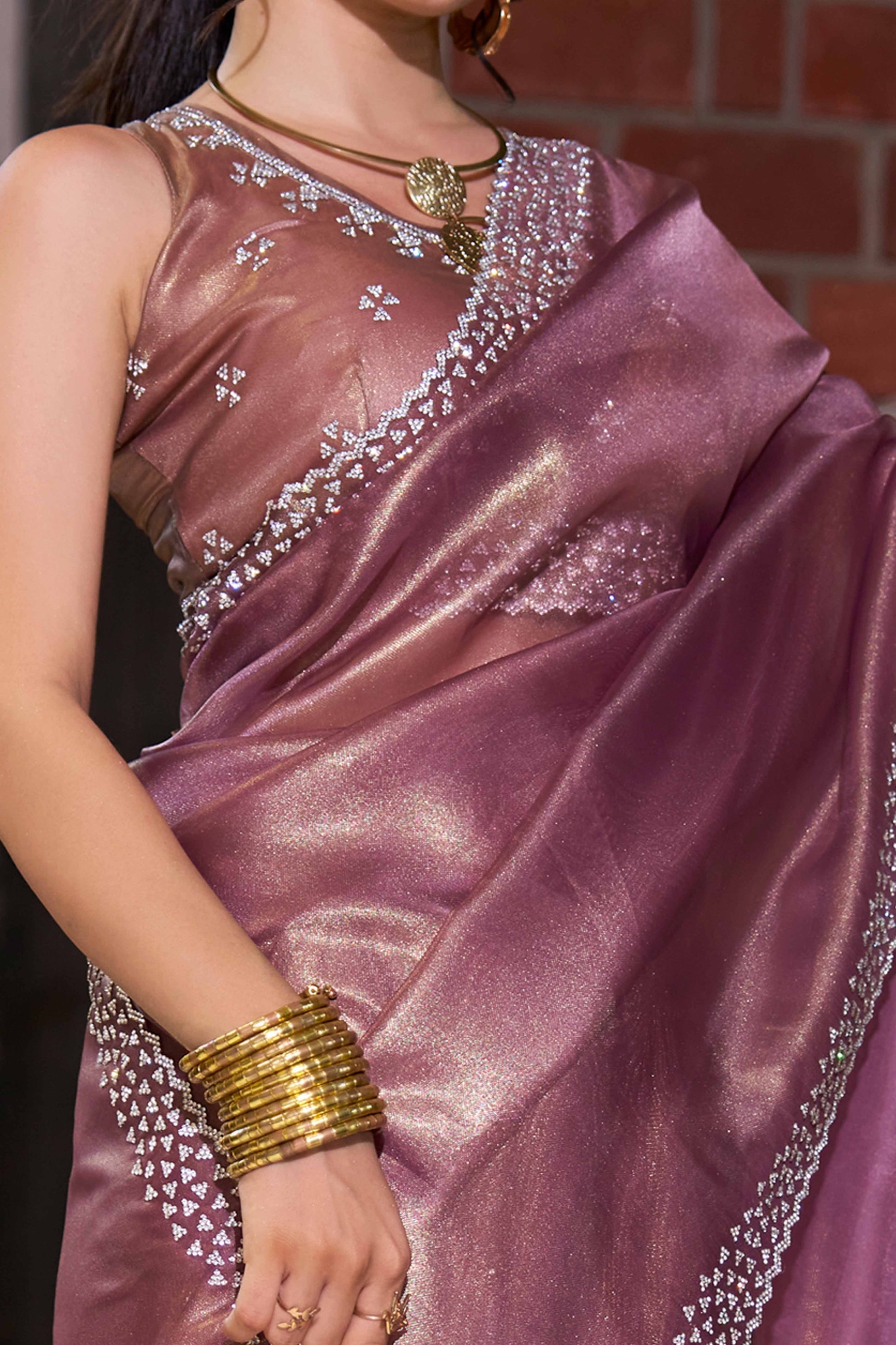 Mauve Solid With Zarkan Work Organza Saree