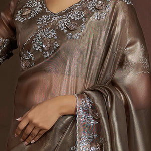 Dark Beige Floral Sequins With Zarkan Work Organza Saree