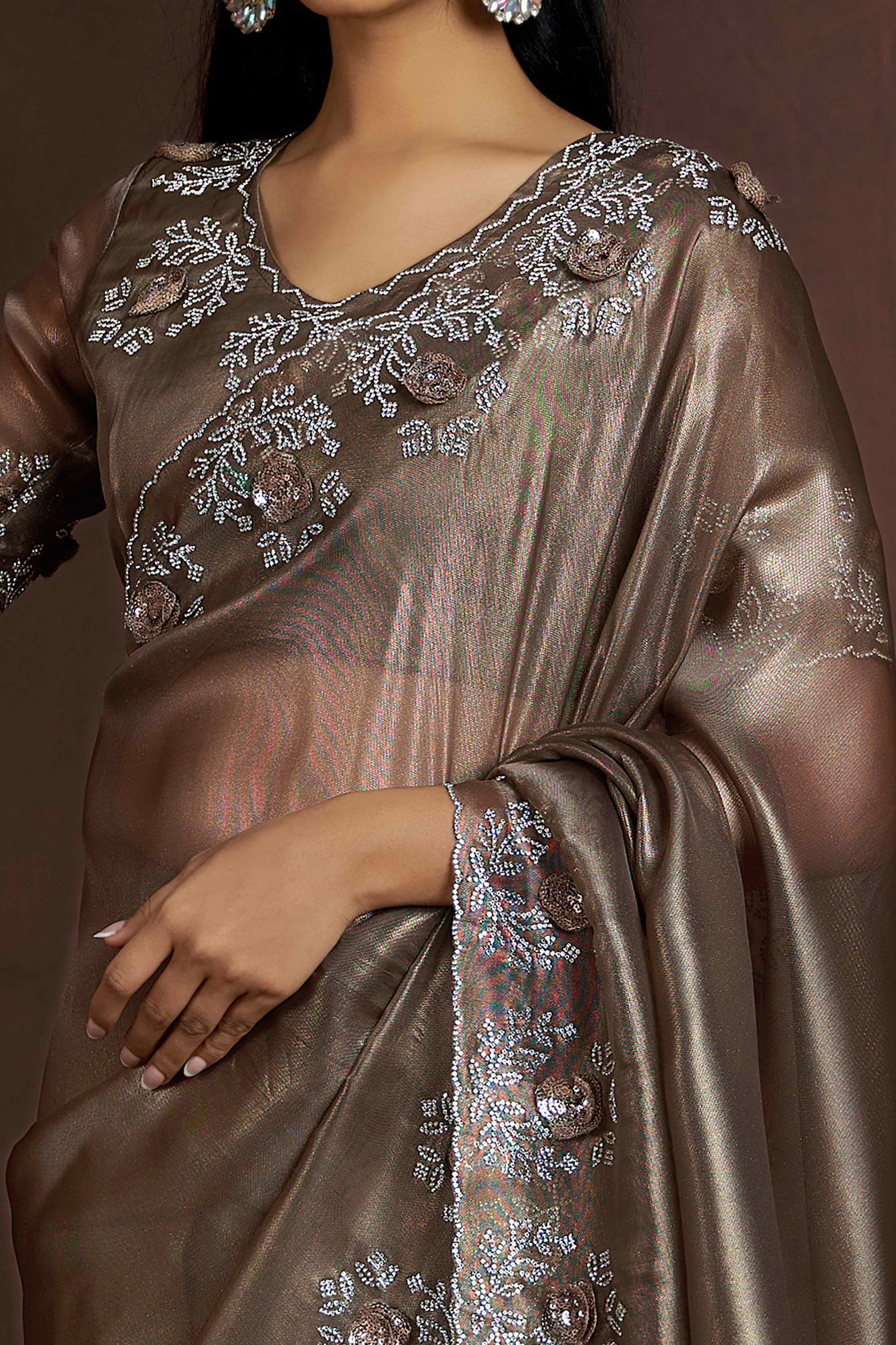 Dark Beige Floral Sequins With Zarkan Work Organza Saree