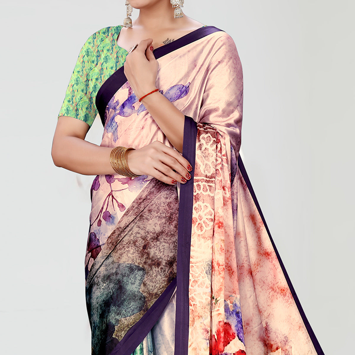 Multicolor Digital Printed Satin Saree