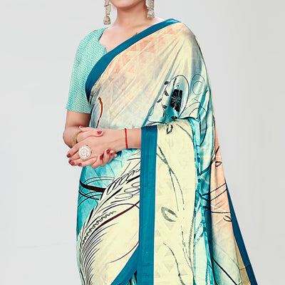 Multicolor Digital Printed Satin Saree