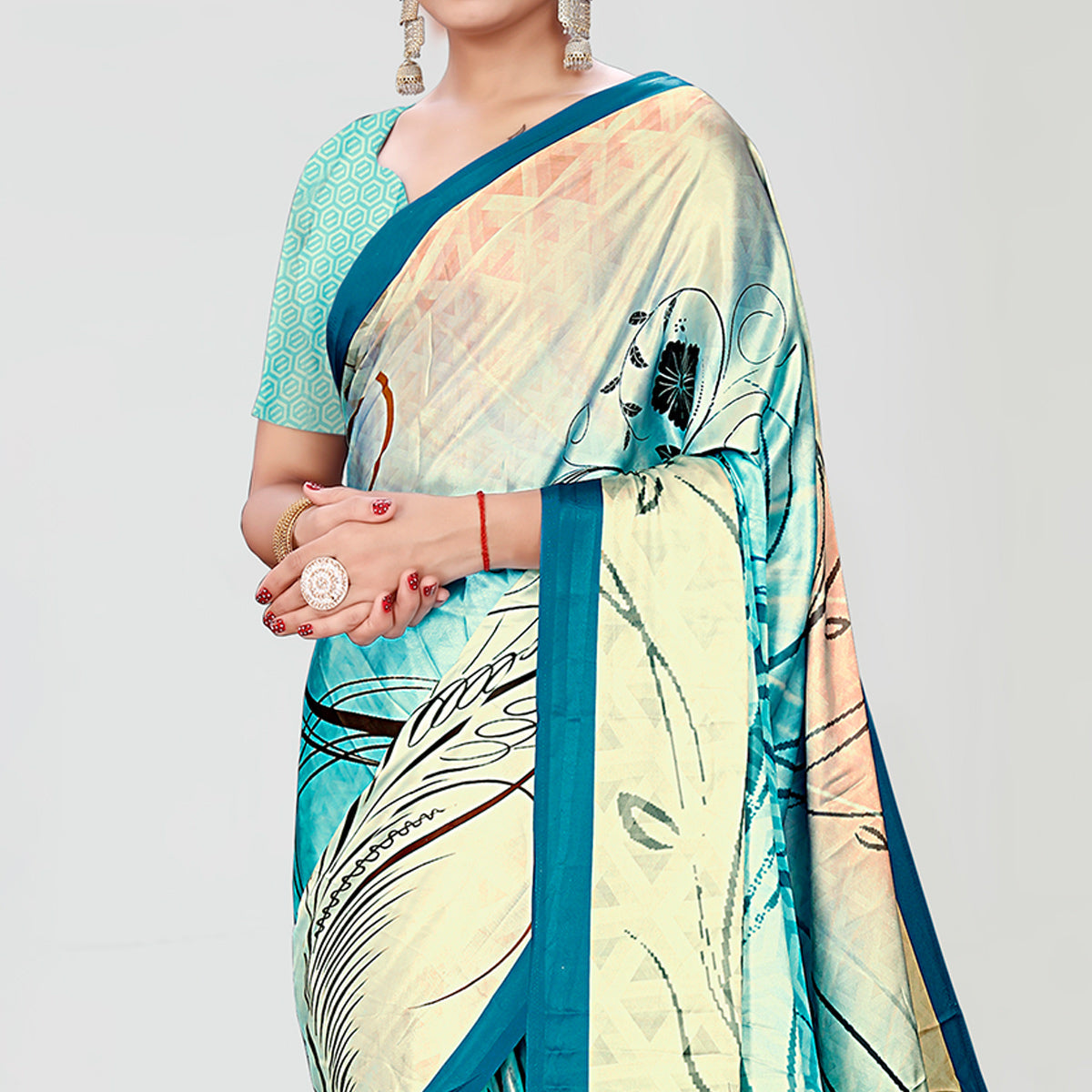 Multicolor Digital Printed Satin Saree