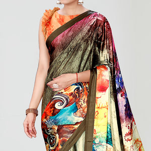 Multicolor Digital Printed Satin Saree
