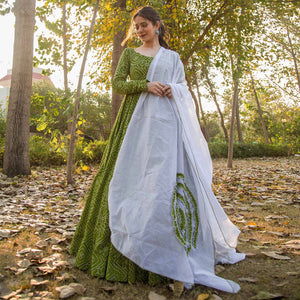 green-bandhani-printed-rayon-gown-with-dupatta