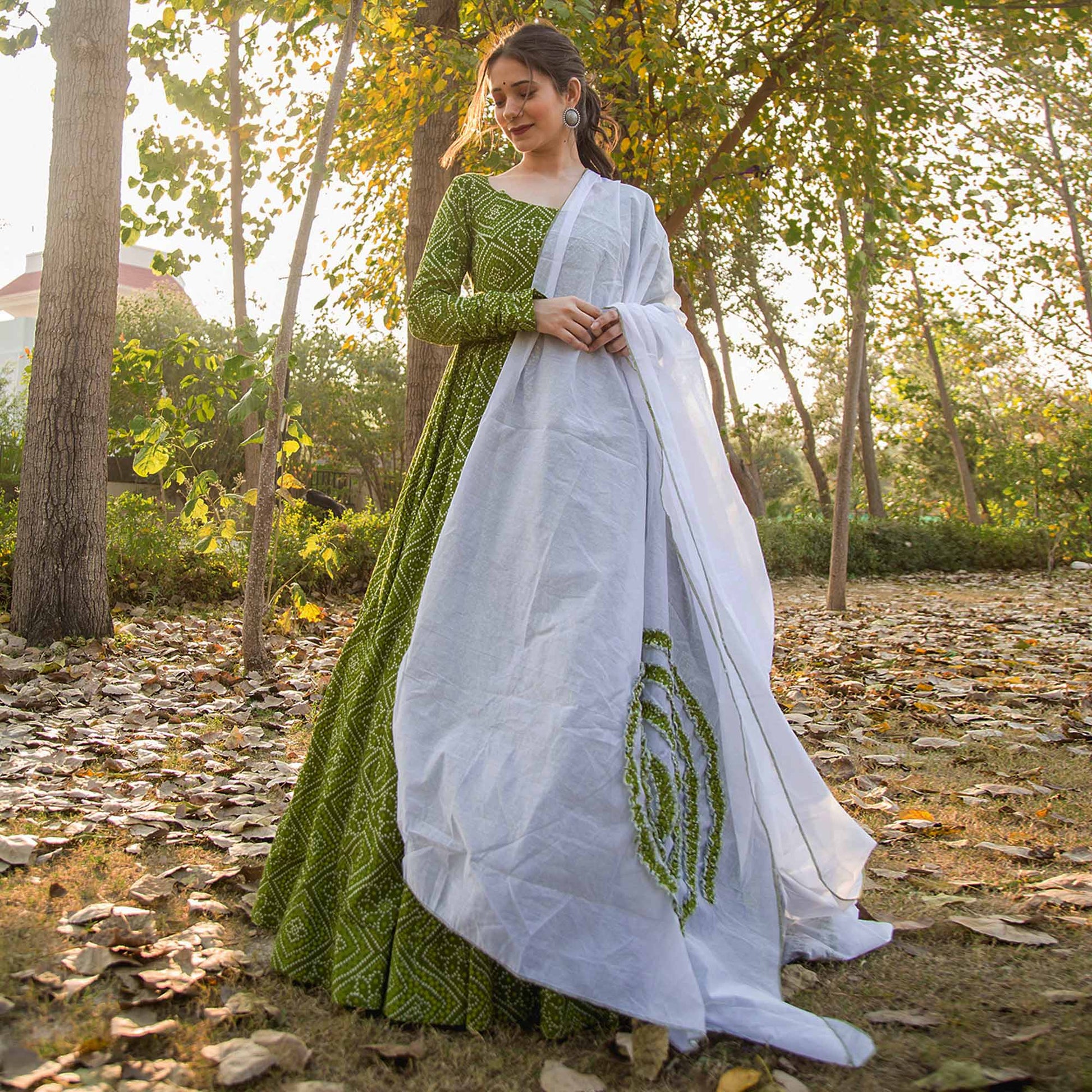 green-bandhani-printed-rayon-gown-with-dupatta