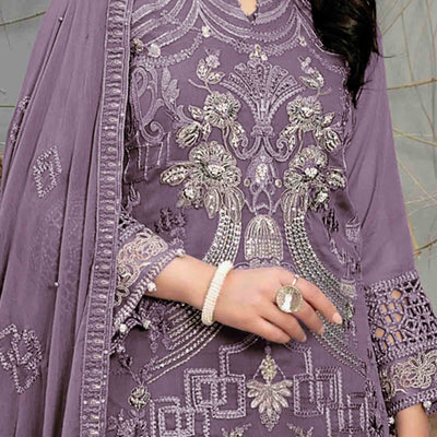 Dusty Purple Floral Embroidered Heavy Georgette Dress Material