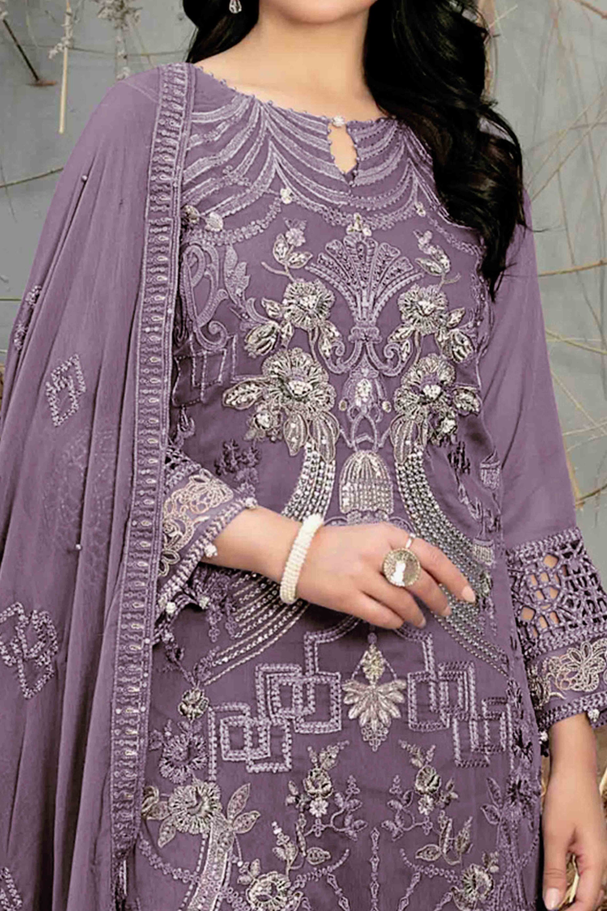 Dusty Purple Floral Embroidered Heavy Georgette Dress Material