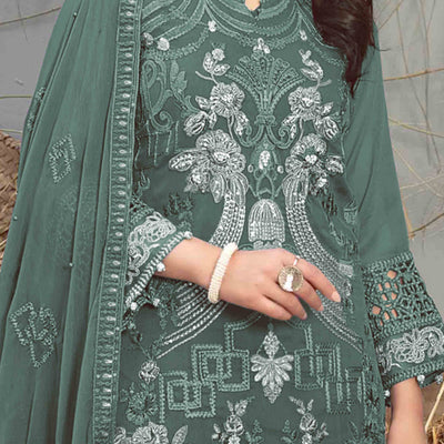 Dusty Green Floral Embroidered Heavy Georgette Dress Material